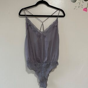 Intimately Free People Strappy Satin Bodysuit, Lace Detail, Lavender, Small